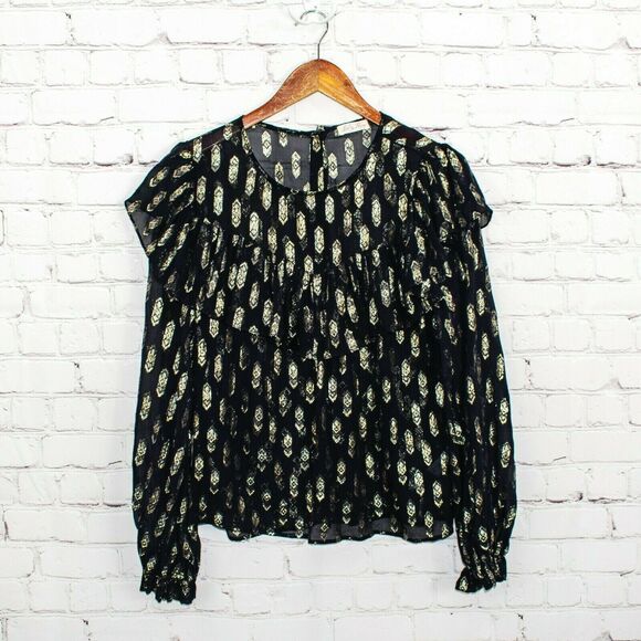 Love Shack Fancy Women's Erin Ruffle top Sheer Golden Metallic Medium - Picture 1 of 10